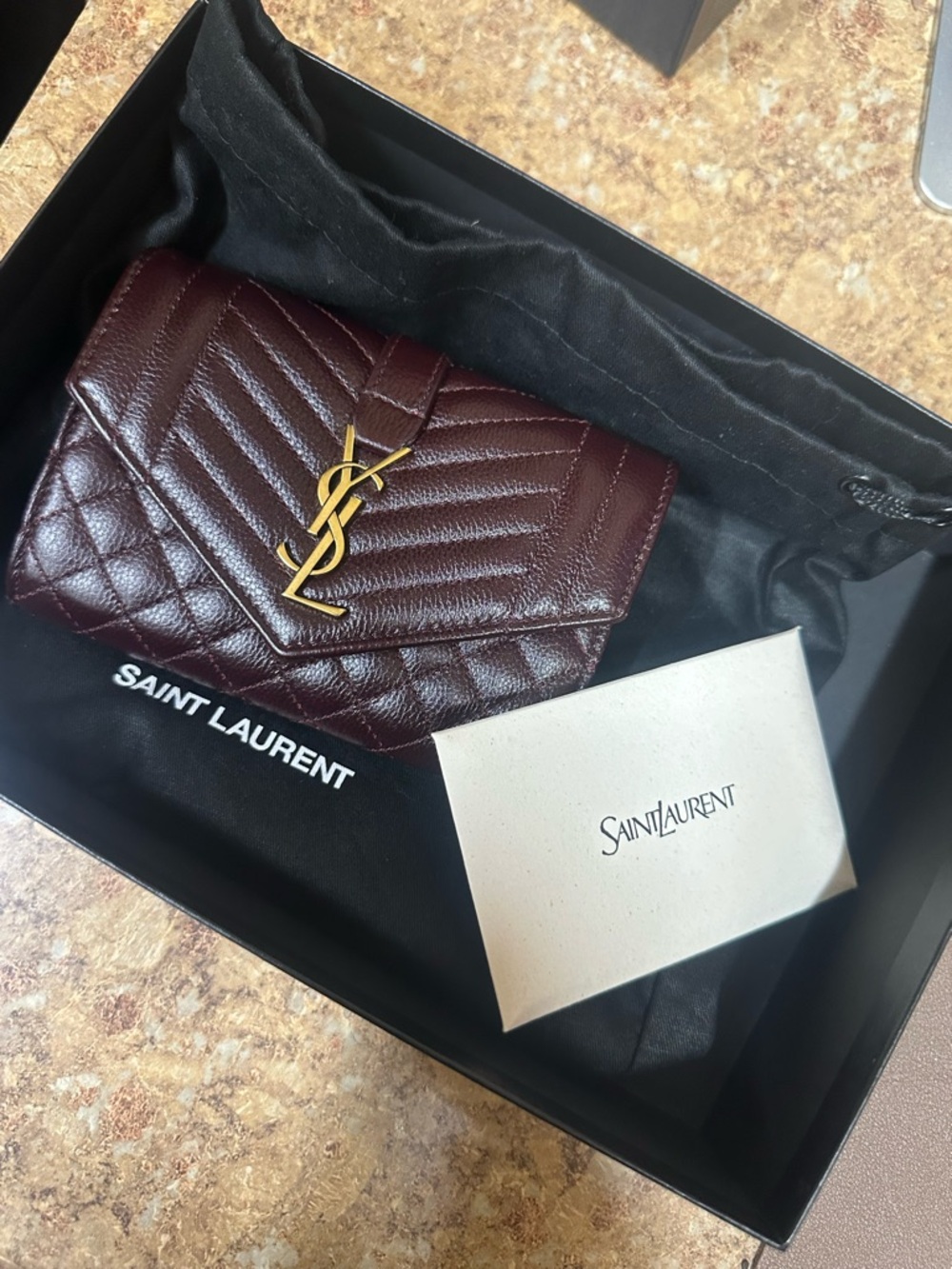 Saint Laurent Quilted Chevron & Diamond Wallet in Burgundy with Gold YSL - Picture 15 of 16